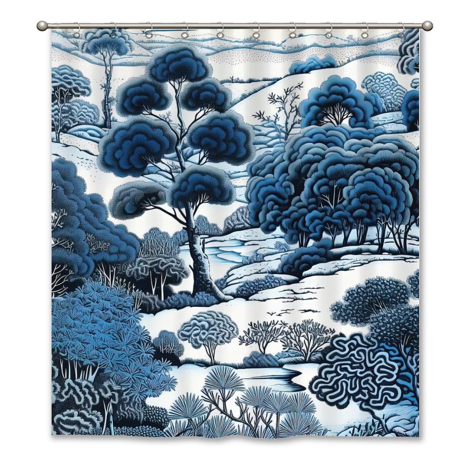 Guangpat White Blue Indigo Daintree Tree Shower Curtain Set with Hooks Chinoiserie Style Shower Curtain Asian Inspired Shower Curtains Bathroom Decor Polyester Fabric Shower Curtains with Holes