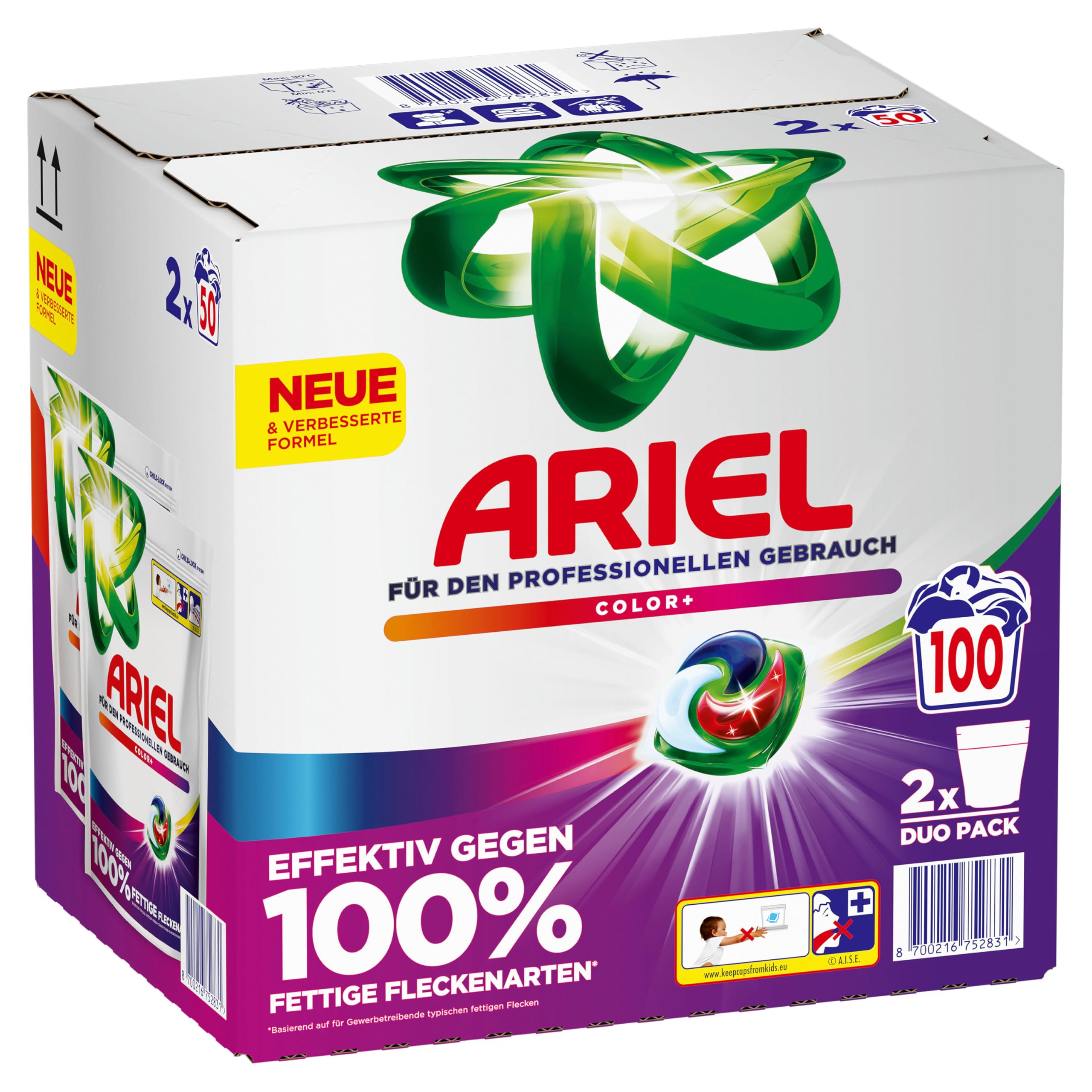 Ariel Professional All-in-1-Pods Waschkapseln Color+, bekämpft alle Arten von Fettflecken, für den professionellen Gebrauch