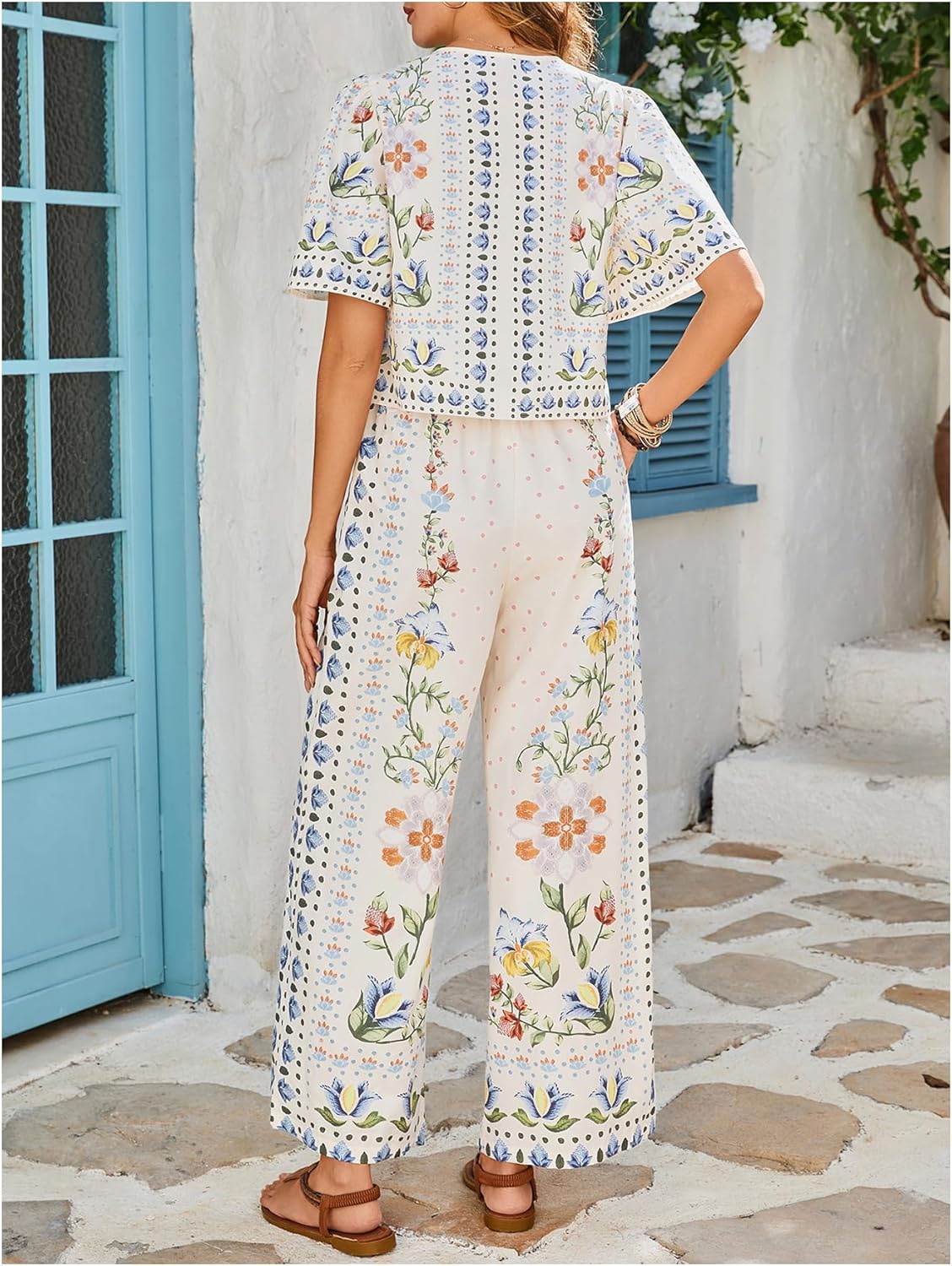 MakeMeChic Women's Boho 2 Piece Outfit Floral V Neck Ruffle Sleeve Tie Front Blouse and Pants Set - Image 2