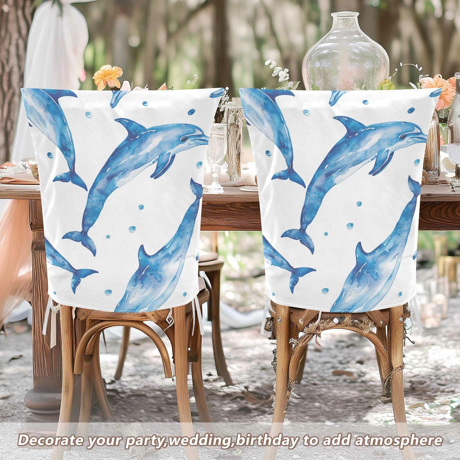 ALAZA Blue Dolphin Chair Back Cover Set of 6, Washable Reusable Removable Chair Slipcovers Decorative Chair Cover for Home Kitchen Wedding Party