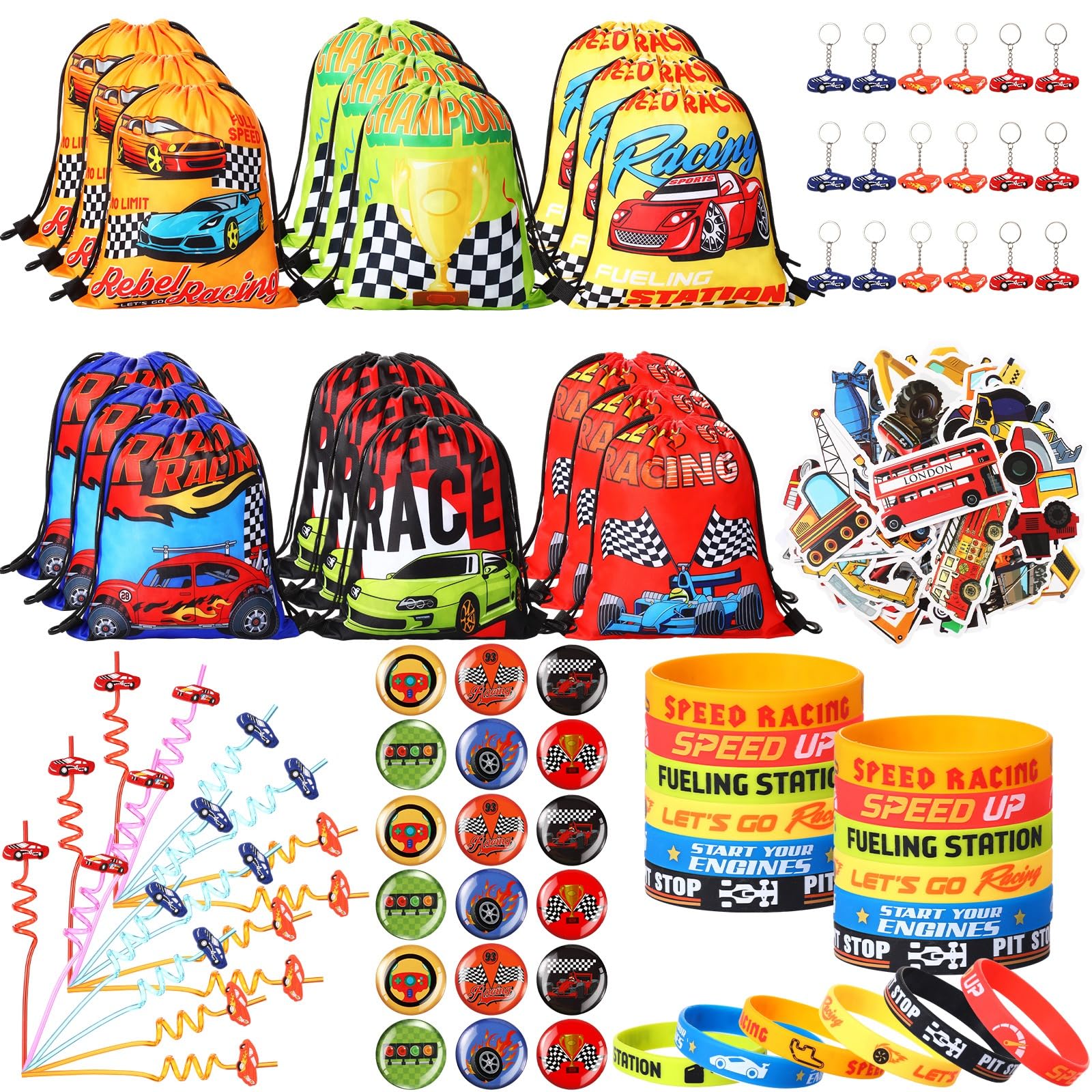 Sadnyy 140 Pcs Race Car Party Favors Racing Birthday Party Decorations Supplies Drawstring Bags with Silicone Bracelets Keychains Straws Button Pins