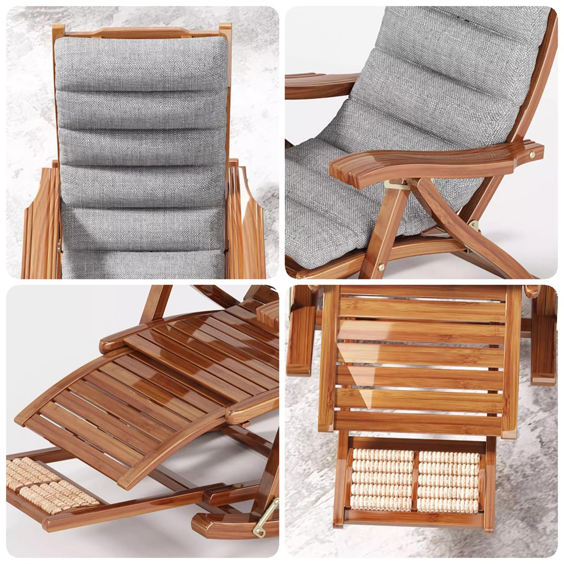 Tumbona de Madera Mecedora, Tumbona de Jardín Silla Reclinable Ajustable de 5 Posiciones con Reposapiés Extraíble, Sillón de Ocio al Aire Libre para Balcón Terraza, con Cojín