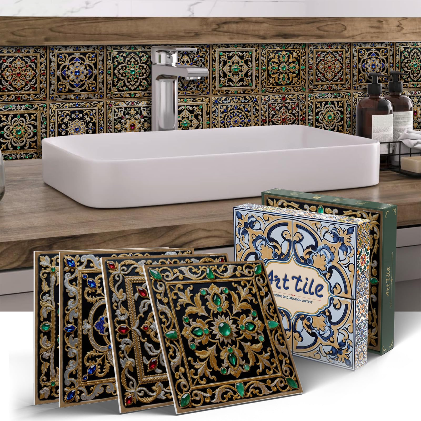 12PCS 15X15cm Bohemian Style Self-Adhesive Tile Stickers, Vinyl Stick on Tiles, Backsplash Wall Art Decal for Kitchen DIY Decoration, Brown Black