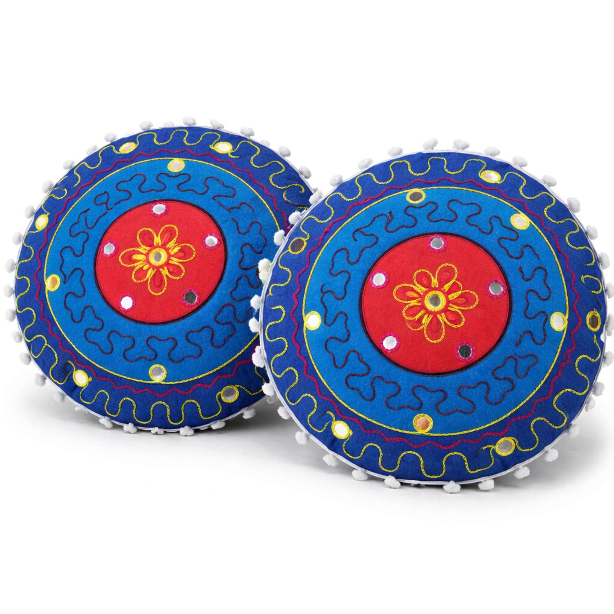 MUDACRAFT Mandala Round Blue Red Embroidered Cushion Covers Size-16x16x8 inch Boho Decorative with Pom-Pom Lace Ethnic Printed Sofa & Living Room Decor 100% Cotton Set of 2Pcs Cushion Covers-image-33