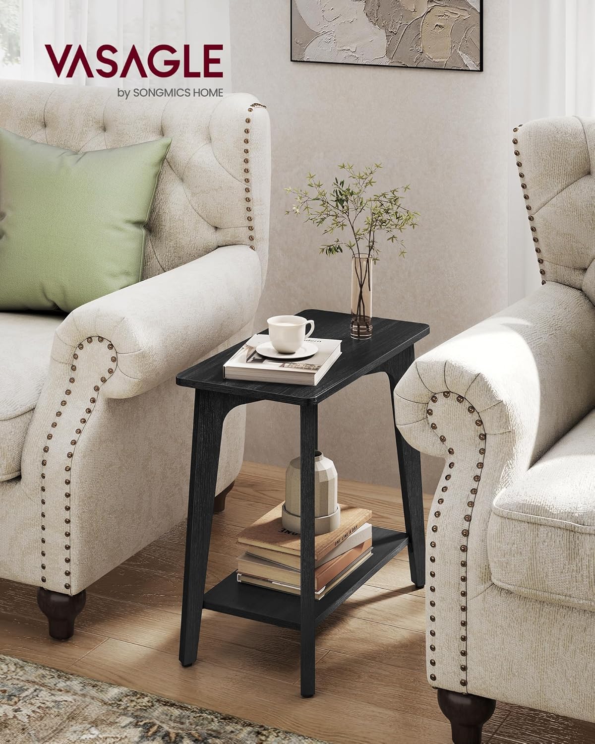 VASAGLE MAEZO Collection - Side Table, 2-Tier Small Rectangular End Table, 11.8 x 18.9 x 21.8 Inches, Nightstand with Tapered Legs, Curved Transitions, for Small Spaces, Charcoal Gray ULET332B01