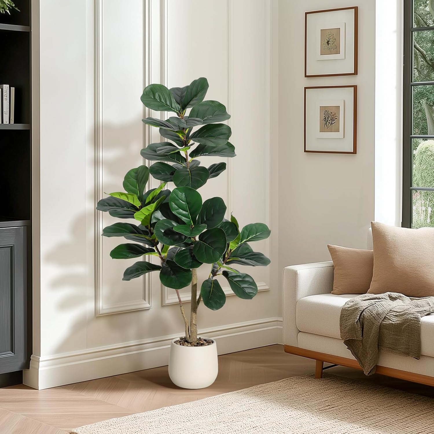 4 ft Fiddle Leaf Fig Tree Artificial with 48 Leaves - Realistic Faux Ficus Lyrata Trees in 7.8 in White Planter Pot, Indoor Fake Floor Plants for Home Office Living Room Decor, Housewarming Gift