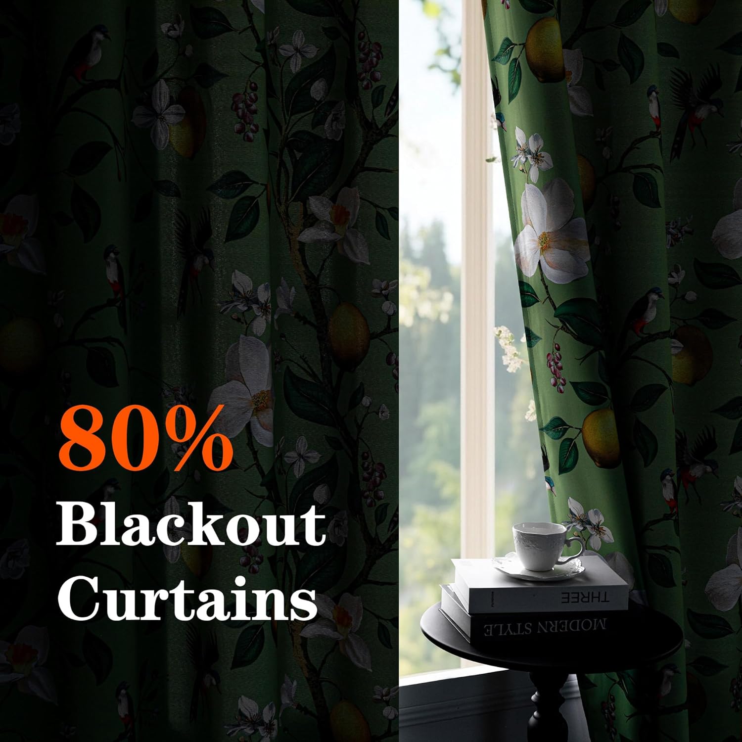 MYSKY HOME Floral Blackout Curtains 84 inch Long for Living Room Vintage French Country Grommet Lemon Hummingbird Patterned Room Darkening Thermal Drapes Bedroom Dining Room, 2 Pcs, 52", Sage Green