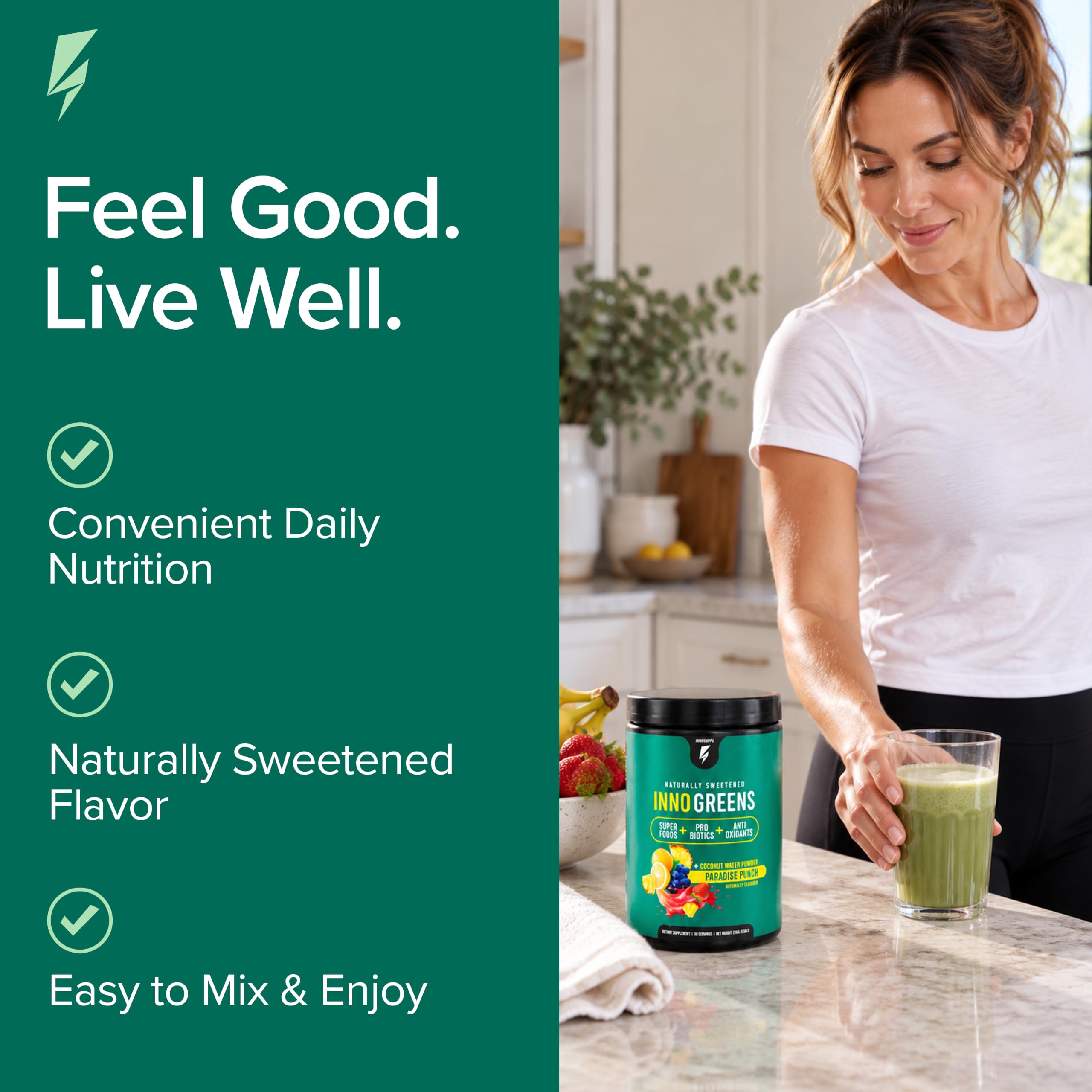 Inno Greens | 28+ Organic Greens & Superfoods | Advanced Prebiotics + Probiotics | Super Antioxidant + Hydration | Spirulina, Chlorella, Ashwagandha | Natural, Non-GMO | 30 Servings (Paradise Punch) — Amazon image 5