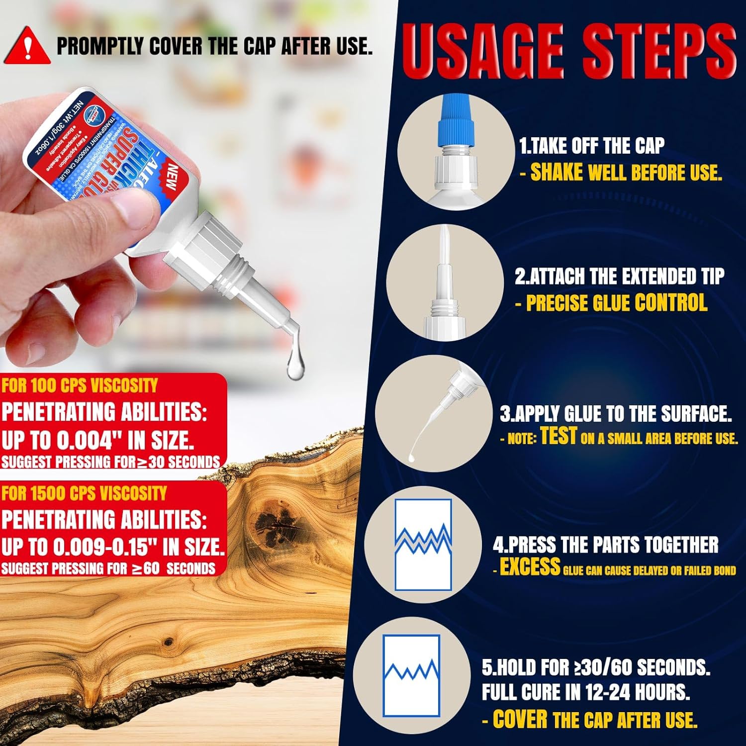 60g(2oz) 100/1500 CPS (Thin/Thick) CA Glue, Cyanoacrylate Super Glue for Wood, Glass, Metal, Paper, Leather, Plastic, Ceramic, Rubber, Jewelry, Woodworking, Hobby Models, and Craft Project