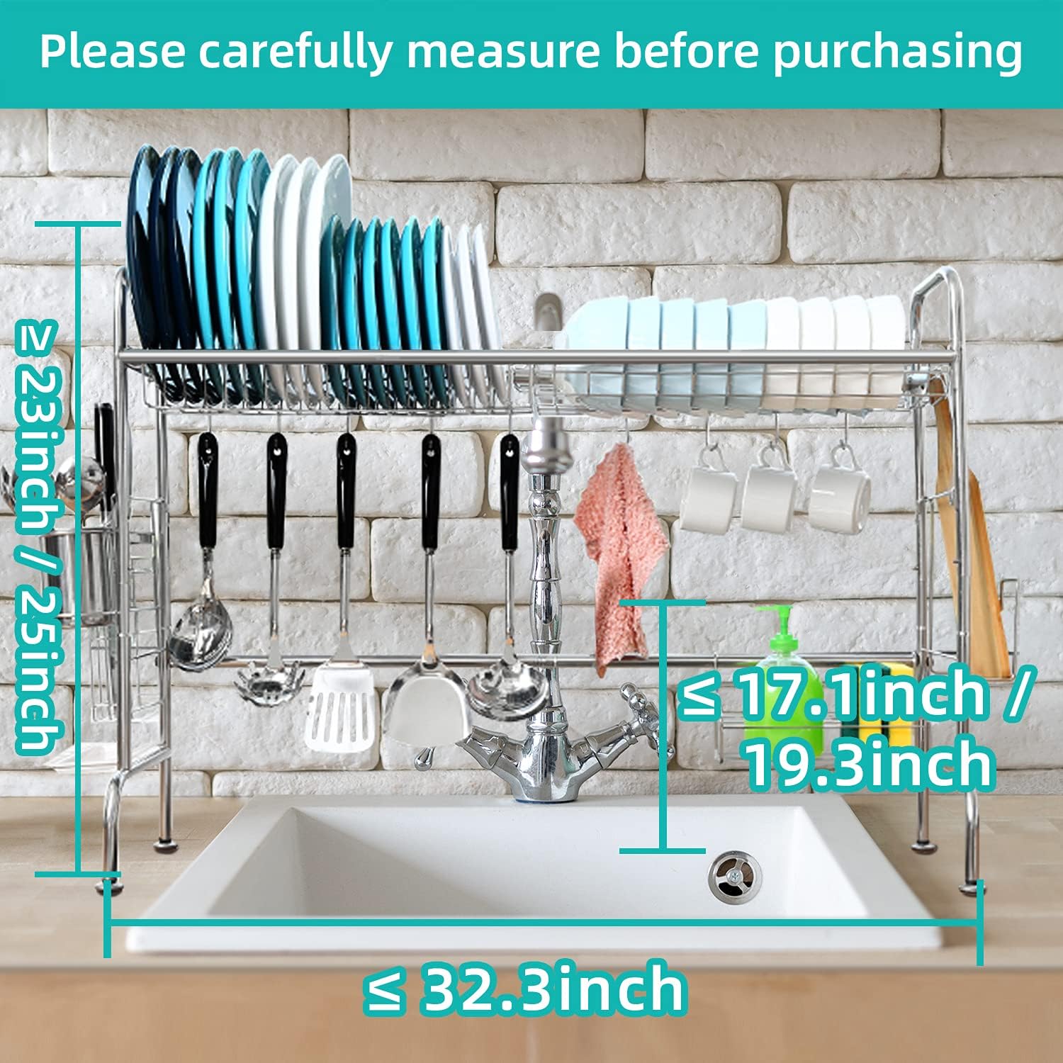 Ohuhu Over The Sink Dish Drying Rack, Height Adjustable 304 Stainless Steel Large Kitchen Storage Dish Rack Drainer with Utensil Holder & 10 Utility Hooks for Counter Sink