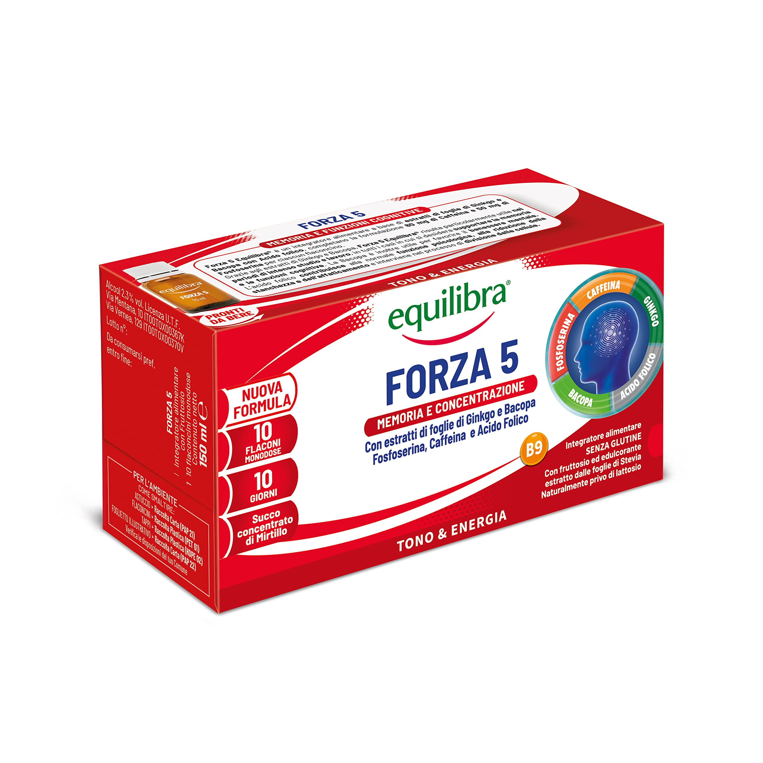Equilibra Integratori Alimentari, Forza 5, Integratore con Estratti di Foglie Ginkgo e Bacopa, Fosfoserina, Caffeina e Acido Folico, Gusto Cola, con Succo Concentrato di Mirtillo, 10 Flaconcini