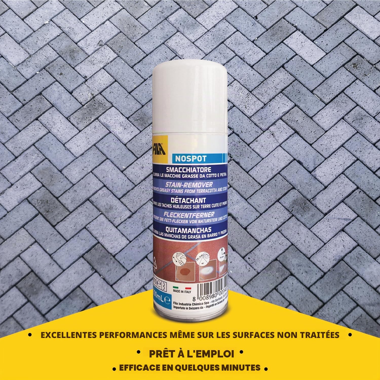 FILA Surface Care Solutions, Nospot Détachant spray pour taches grasses et huileuses, idéal sur cuit, klinker, pierre, granit, ciment, etc., blanc, 200 millilitres