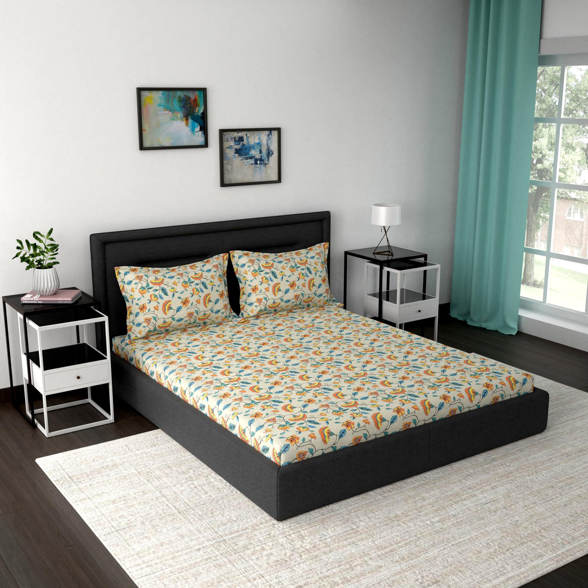 maspar Cotton Floral Print Double Bed Sheet with 2 Pillow Case- 144 Thread Count-image-36