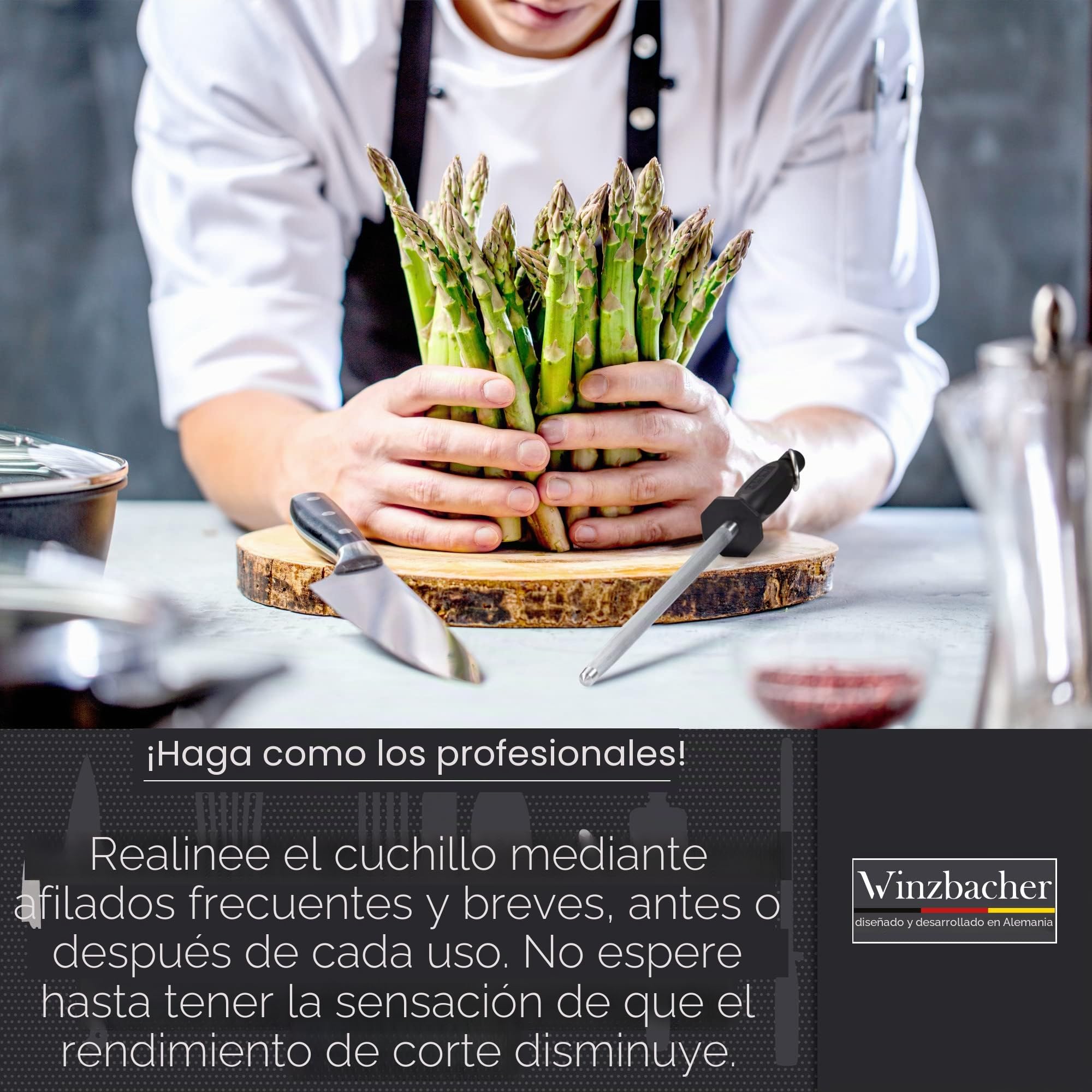 Winzbacher Afilador de cuchillos profesional de acero endurecido (39 cm), con mango ergonómico suave al tacto con protección para los dedos
