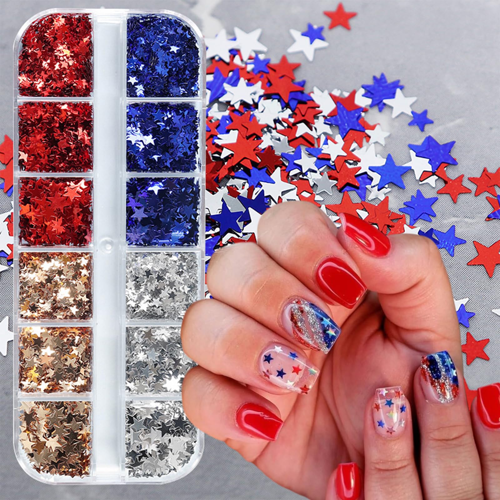 12 Grids Independence Day Nail Sequins，3D Holographic Nails Glitter Laser Star Nail Shining Flakes for Fourth of July Five-Pointed Star Mixed Sequins