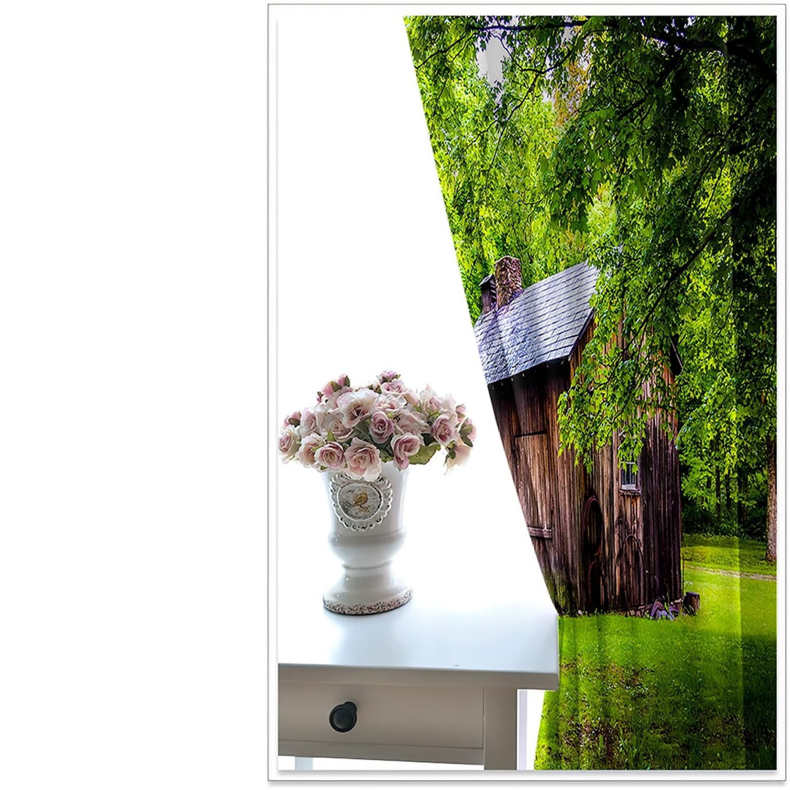 Vorhänge mit Ösen 2er Set, Gardinen Blickdicht Landschaftshaus und Bäume H 214 x B 86 cm Abdunkelnde Verdunklungsvorhänge für Wohnzimmer