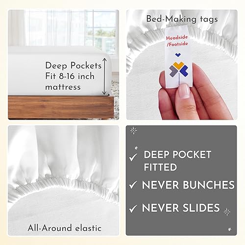 Miniatura 4 de California Design Den Softest Sábanas 100% algodón, juego de sábanas de tamaño matrimonial, juego de 4 piezas, ropa de cama de satén de 400 hilos,