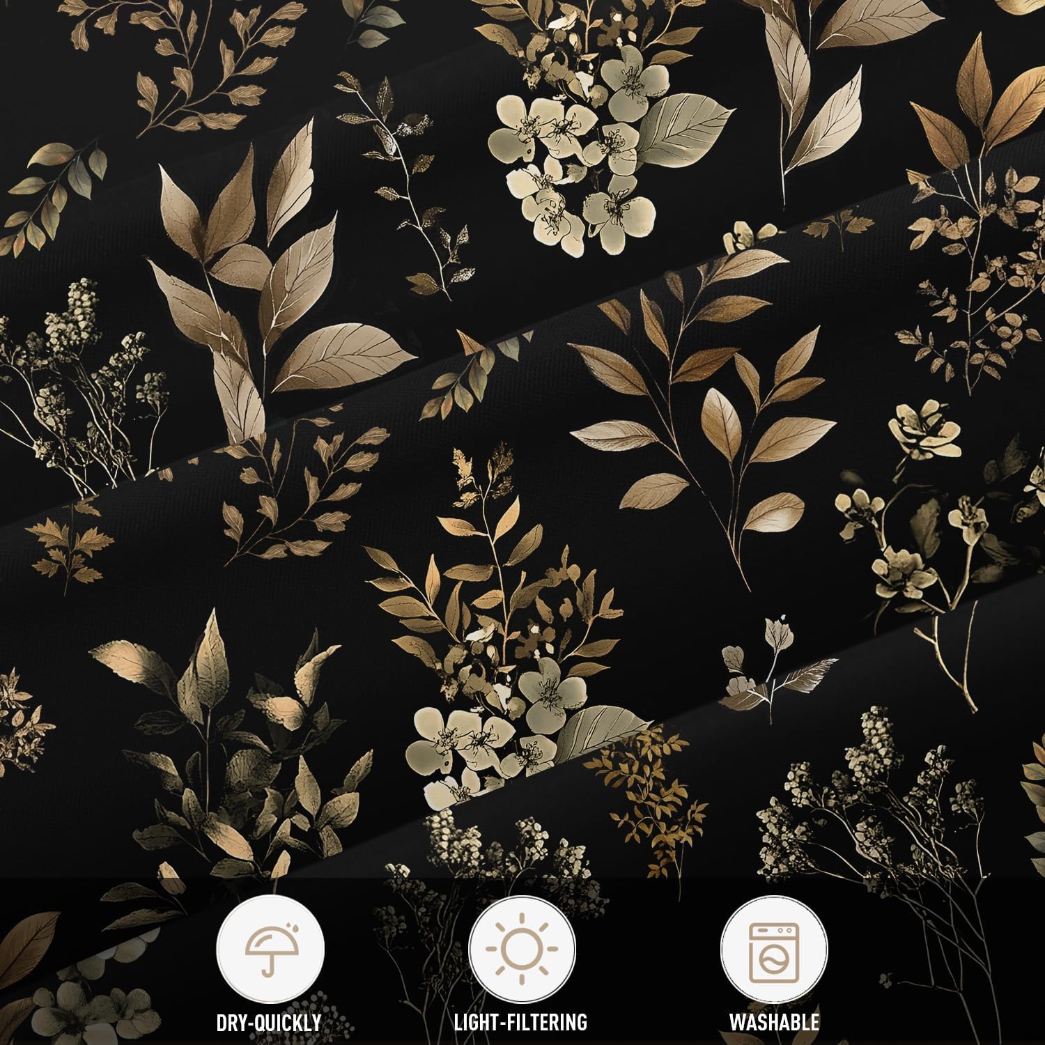 Black and Gold Shower Curtain Extra Long XL Large Floral Flower Gothic Goth Vintage Boho Cute Dark Retro Botanical Wildflower 72x84 Inch Fabric Polyester Cloth Washable Bathroom Decor 12 Hooks