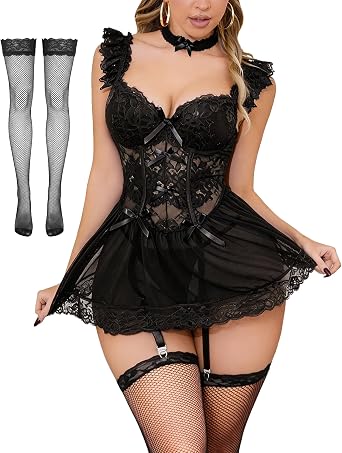 Sexy Underwired Babydoll Lingerie for Women with Stockings, Choker, Thong