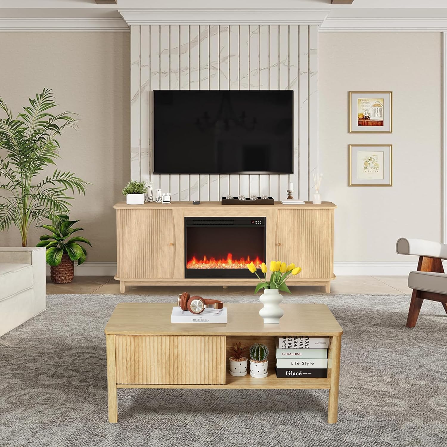 TV Stand and Coffee Table Set, Rectangle Fluted Coffee Table and TV Stand with Storage and Sliding Doors, Living Room Coffee Table and TV Stand Set, Mid Century Modern and Low Small (Black)