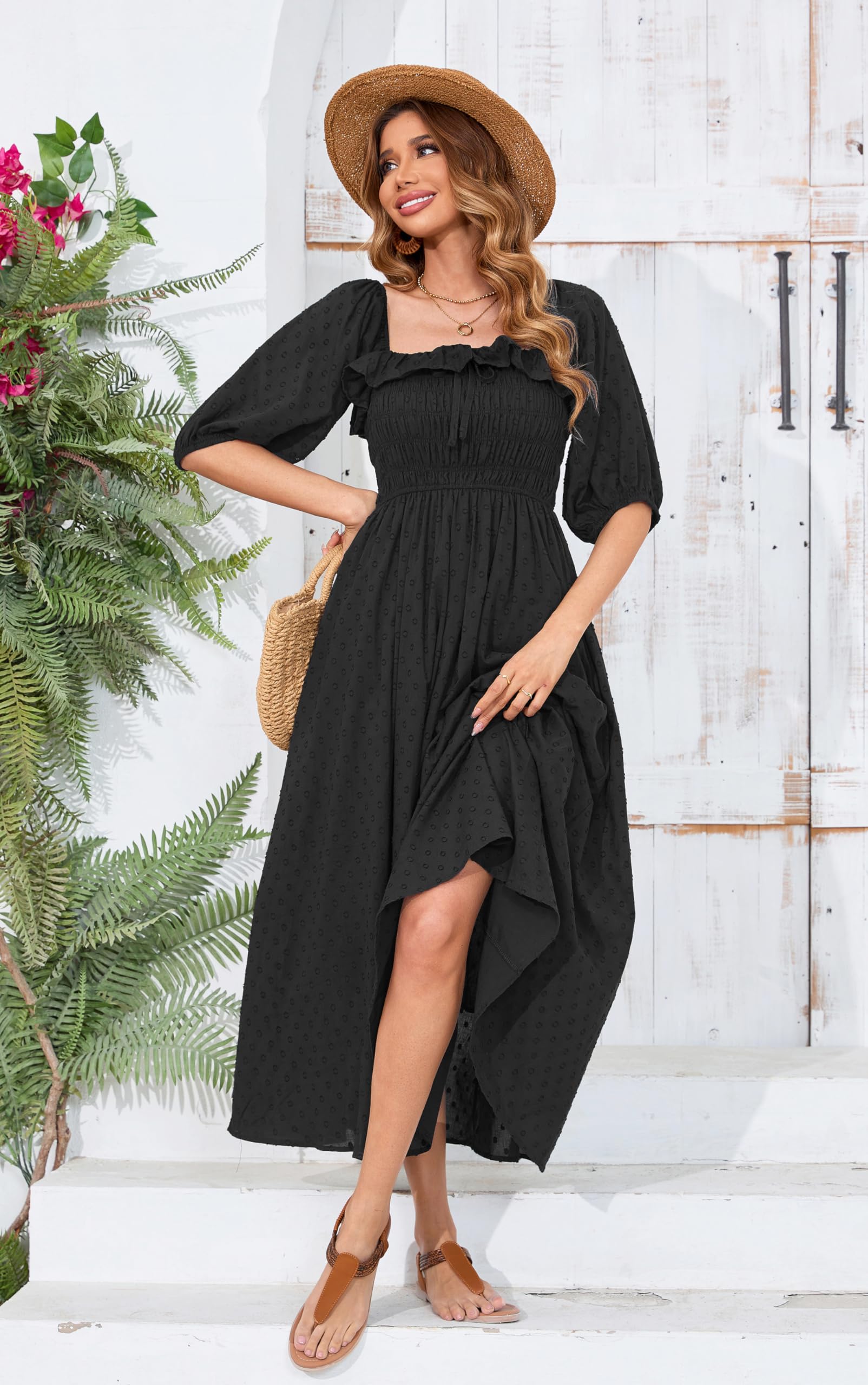 R.Vivimos Women Summer Half Sleeve Cotton Ruffled Vintage Elegant Backless A Line Flowy Long Dresses: Medium Black-1