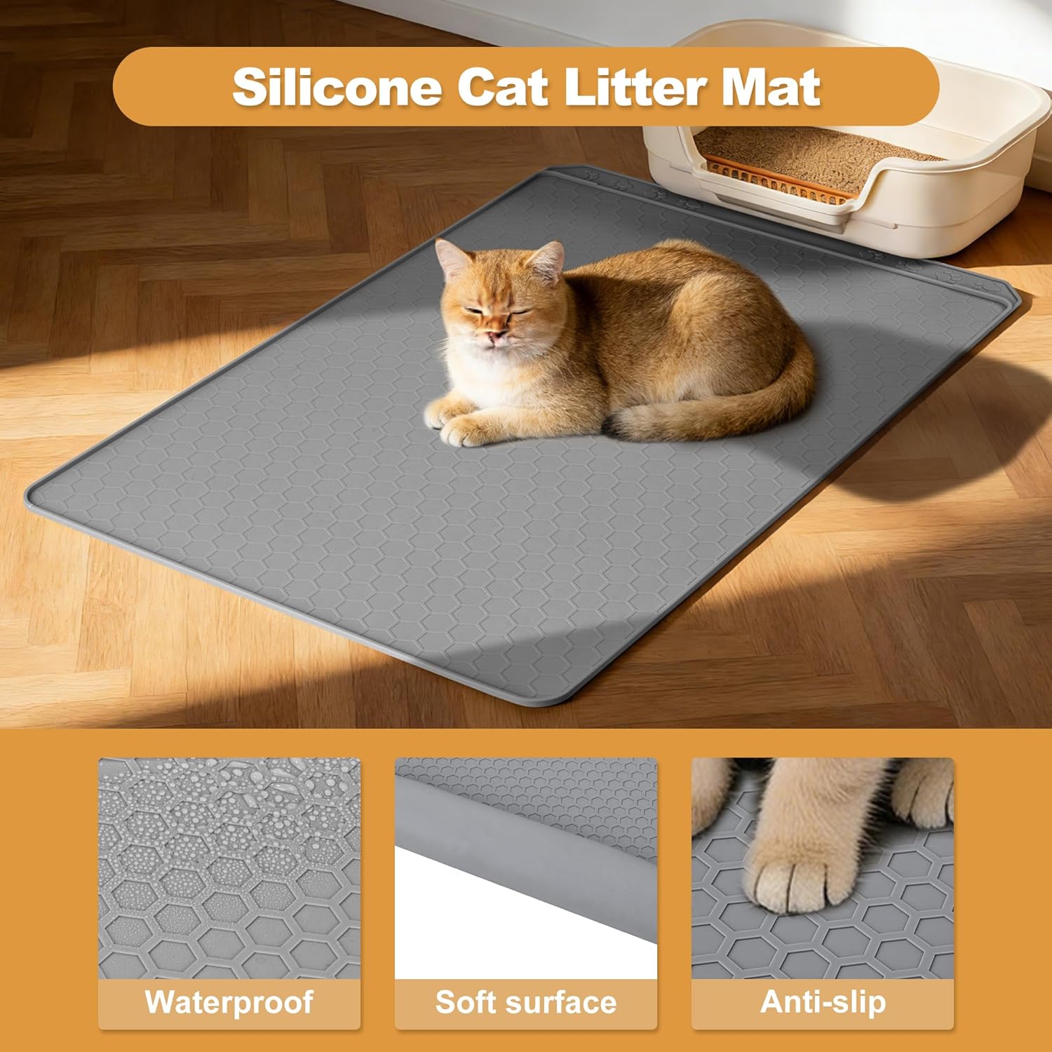 Meiliweser Extra Large Cat Litter Box Mat 34" x 22" – Waterproof Silicone Litter Trapper, Non-Slip, Easy to Clean Floor Protector, Soft on Kitty Paws(Light Grey)