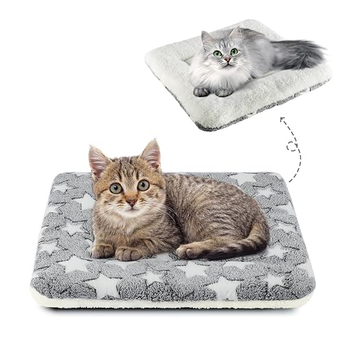 MORA PETS Cat Bed 18 Inch Reversible Pet Mat for Indoor Cats | Soft Fleece Pet Cushion with Star Pattern, Washable Flat Vet Bedding for Crates, Carriers and Indoor Use, Grey 45x37cm - Grey - 45 x 37 x 4 cm (L x W x H)