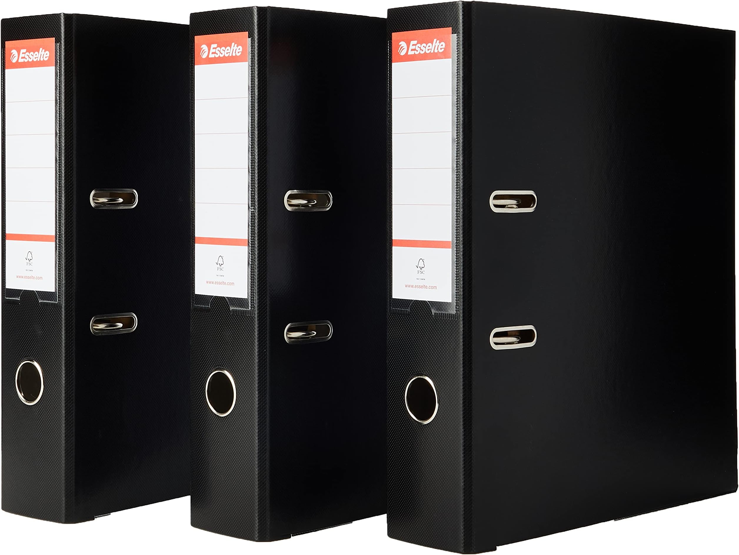 Esselte A4 Lever Arch File, 3-Pack, 550 Sheets Capacity, Durable PP Plastic Cover with Interchangeable Label Holder, Metal Reinforcements, Ring Binder, Office File Organiser, Black (624294)