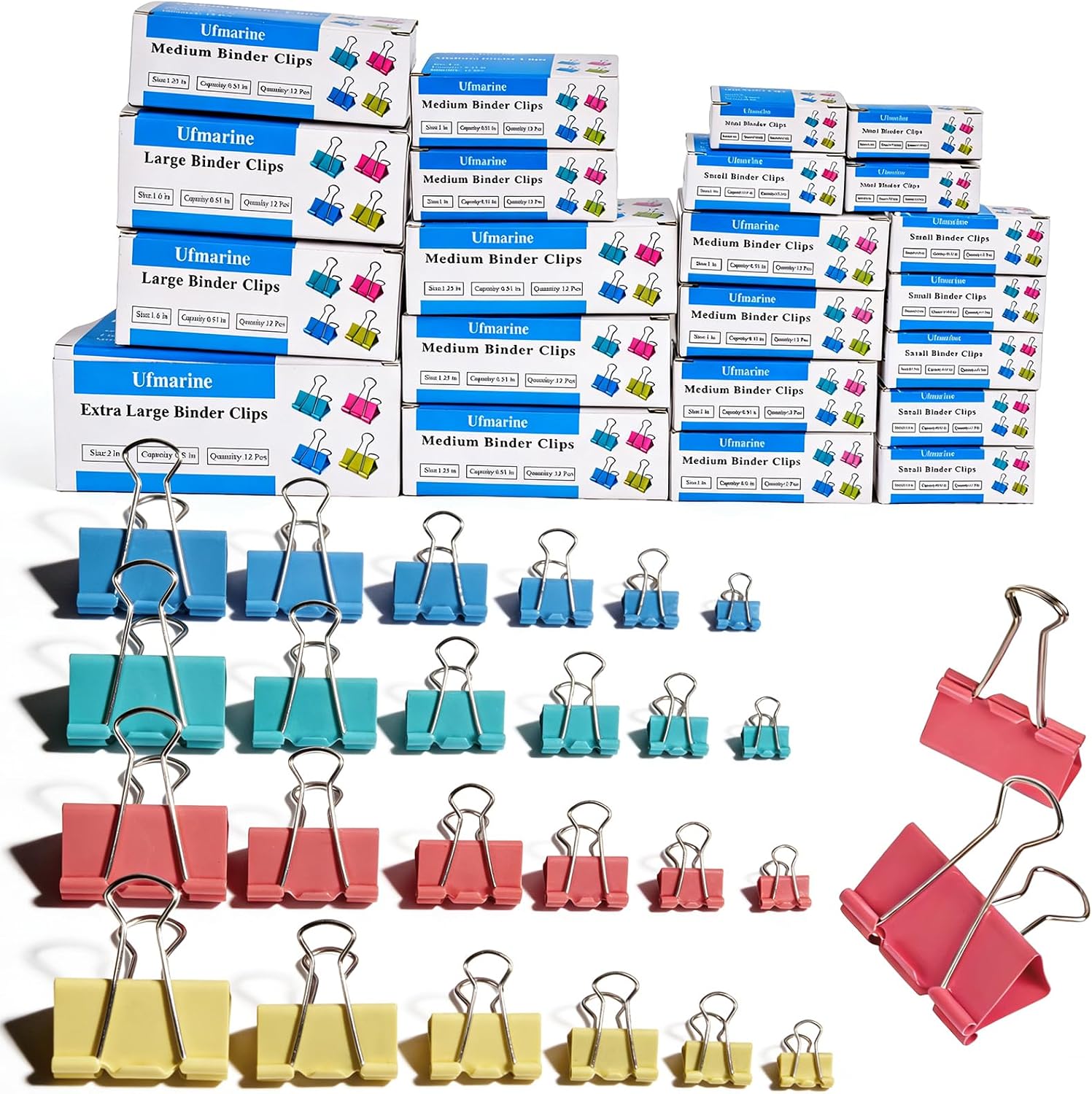 Ufmarine 300 Pcs Binder Clips Assorted Sizes Colored, Extra Large, Large, Medium, Small, XS, Mini, Paper Clips Office Supply