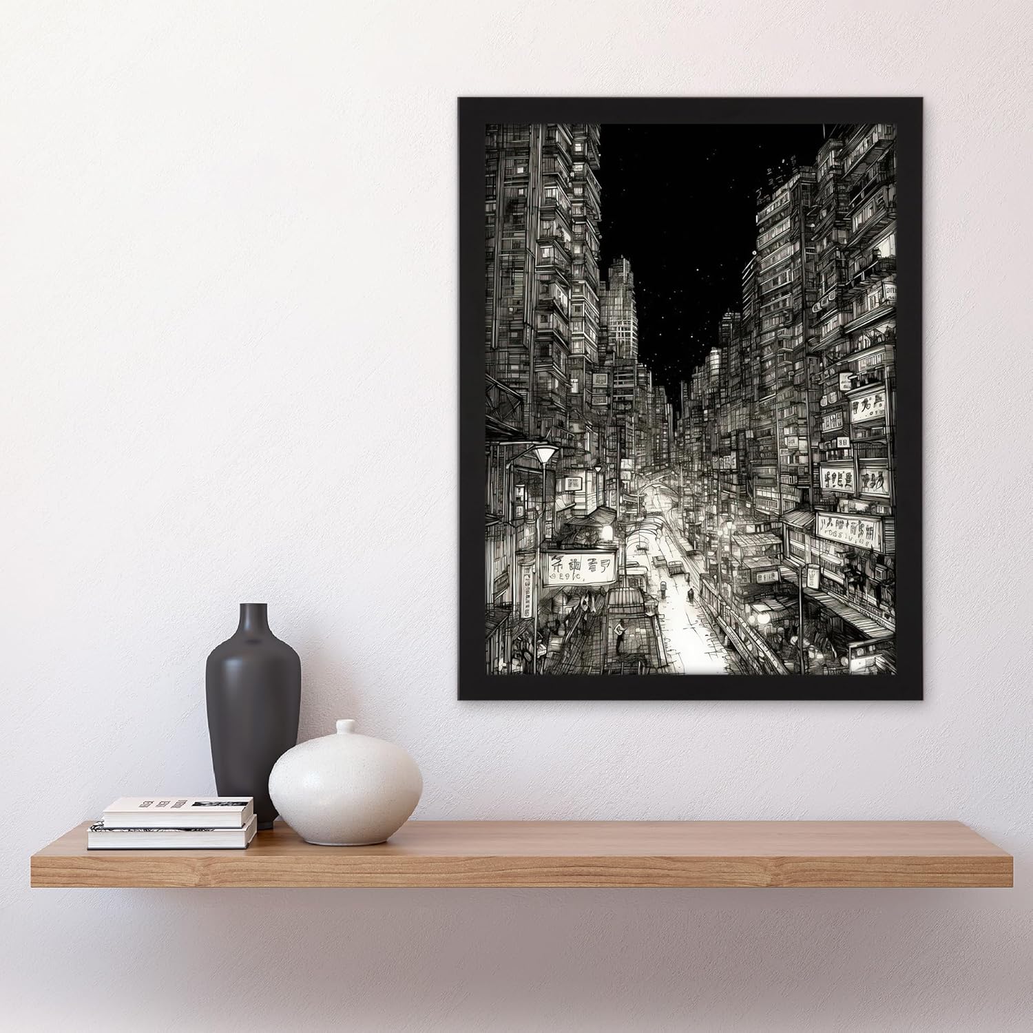Artery8 Downtown Tokyo Sketch Cityscape Pen & Ink Drawing Japan Black White Artwork Framed Wall Art Print 18X24 Inch