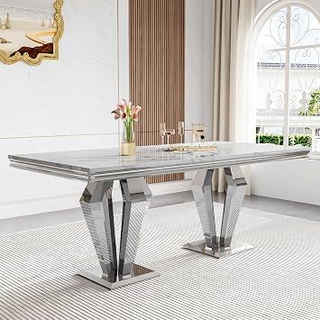 Modern Marble Dining Table for 4-8, Faux Marble Dining Table with Diamond-Shaped Mirrored Finish Stainless Steel Base, Modern Marble Kitchen Table for Living Room Home Office, Silver&White