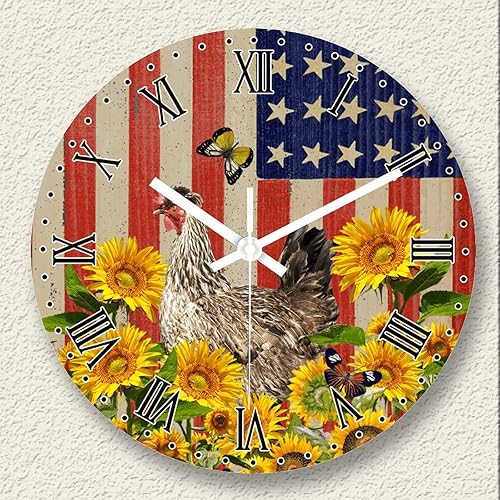 Reloj de pared de madera patriótico con pilas, reloj de madera silencioso, bandera estadounidense con gallo, mariposa, girasol, día de la