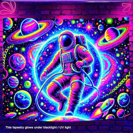 BlissYard Blacklight Space Astronaut Tapestry UV Reactive Neon Colorful Glow In The Dark Universe Planet Galaxy Fluorecent Wall Hanging Art Bedroom Posters Black Light Party Decor 78x50 inches