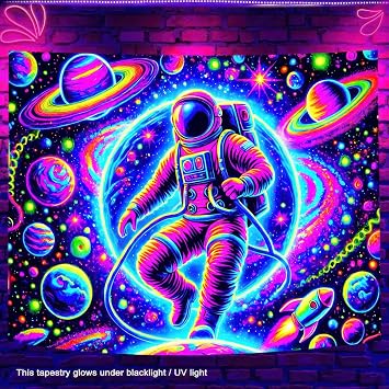 BlissYard Blacklight Space Astronaut Tapestry UV Reactive Neon Colorful Glow In The Dark Universe Planet Galaxy Fluorecent Wall Hanging Art Bedroom Posters Black Light Party Decor 78x50 inches