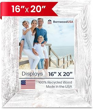 BARNWOODUSA Farmhouse 16X20 Picture Frame, 3 Wide White Wash Colored Frame - Handmade Wooden Photo Frames w/Pure Reclaimed Wood Wall & Tabletop Picture Frames for Vintage Home Decor Display