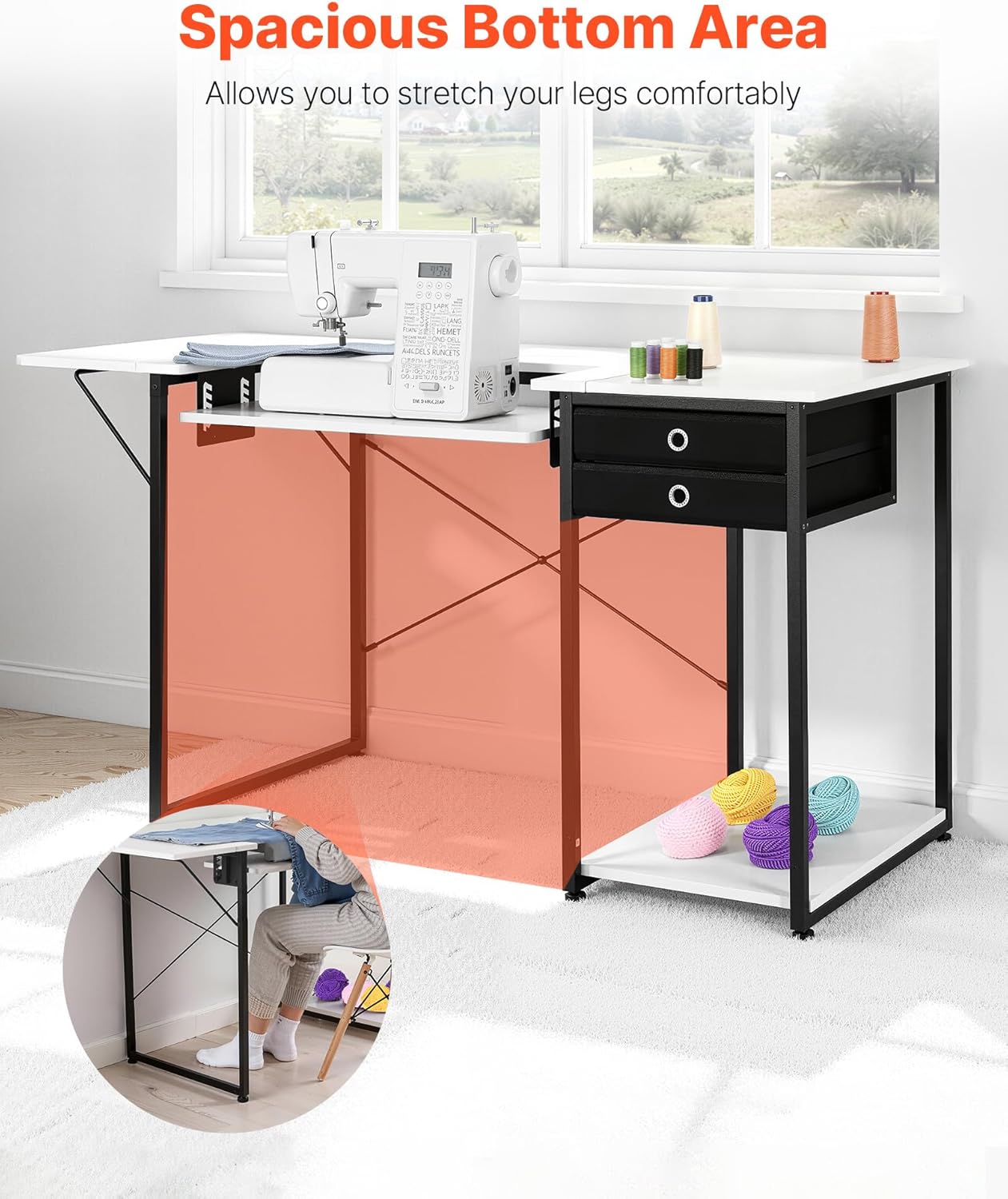 VEVOR Sewing Table, Multipurpose Sewing Machine Table with Foldable Side Shelf, Adjustable Shelf, Steel Legs, Computer Desk for Home, Fashion Studio, Art Studio, Educational Institution, White
