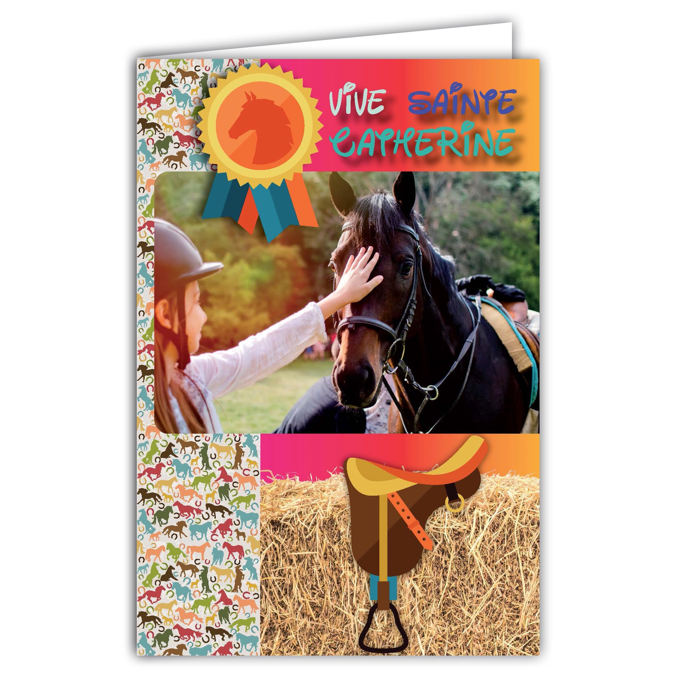 Card That Opens Vive Sainte Catherine Bonne Fête 25 November for Young Girl Child Teenager Friend Girlfriend Champion Riding Pony Horse Animal Sport with White Envelope Size 12 x 17.5 cm