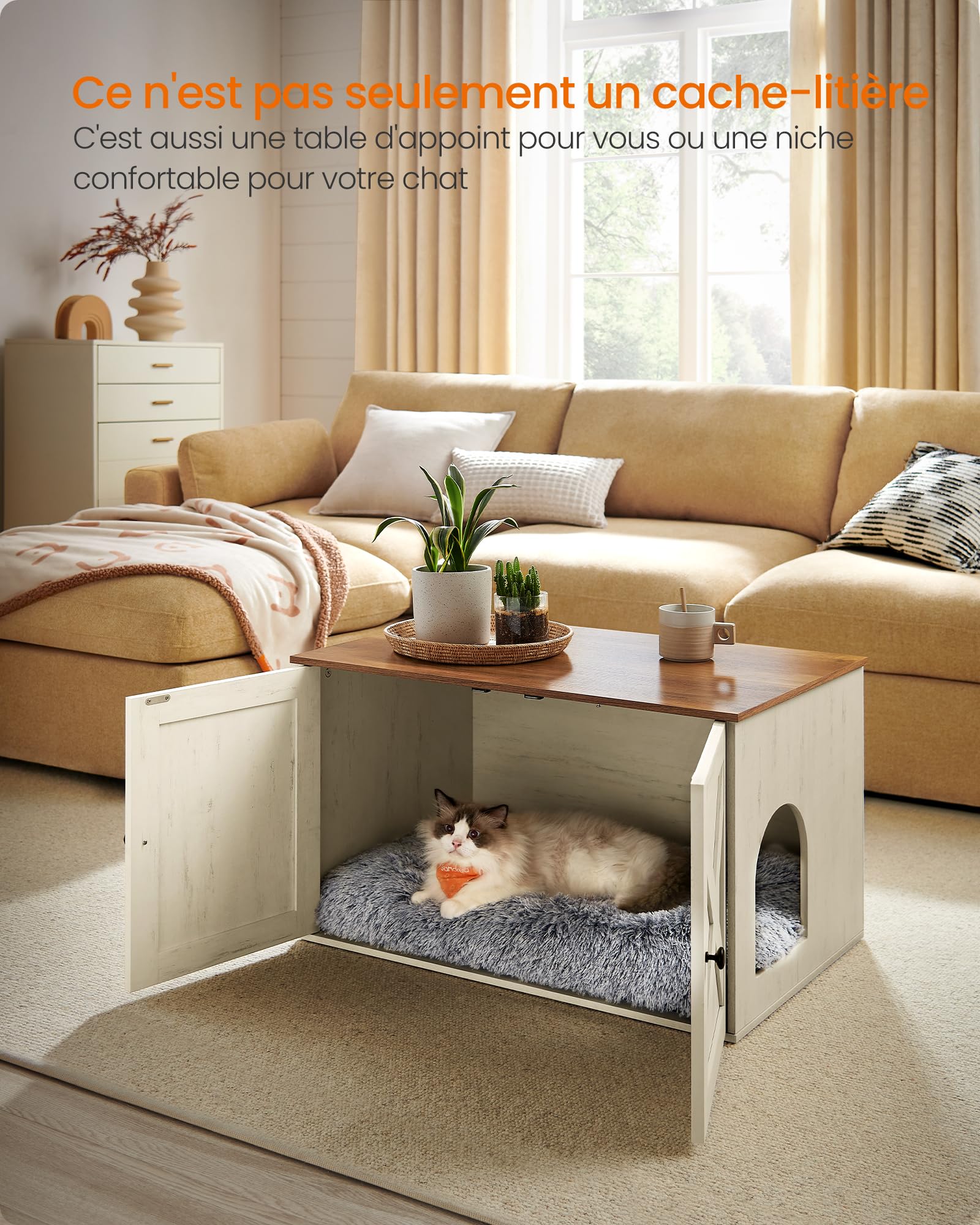 Feandrea Maison de Toilettes pour Chat, Niche, Meuble Litière Chat, avec Séparateur Amovible, Cache-litière, Table Basse, 80 x 53 x 50 cm, Marron Miel et Blanc Rustique PCL002P01V1