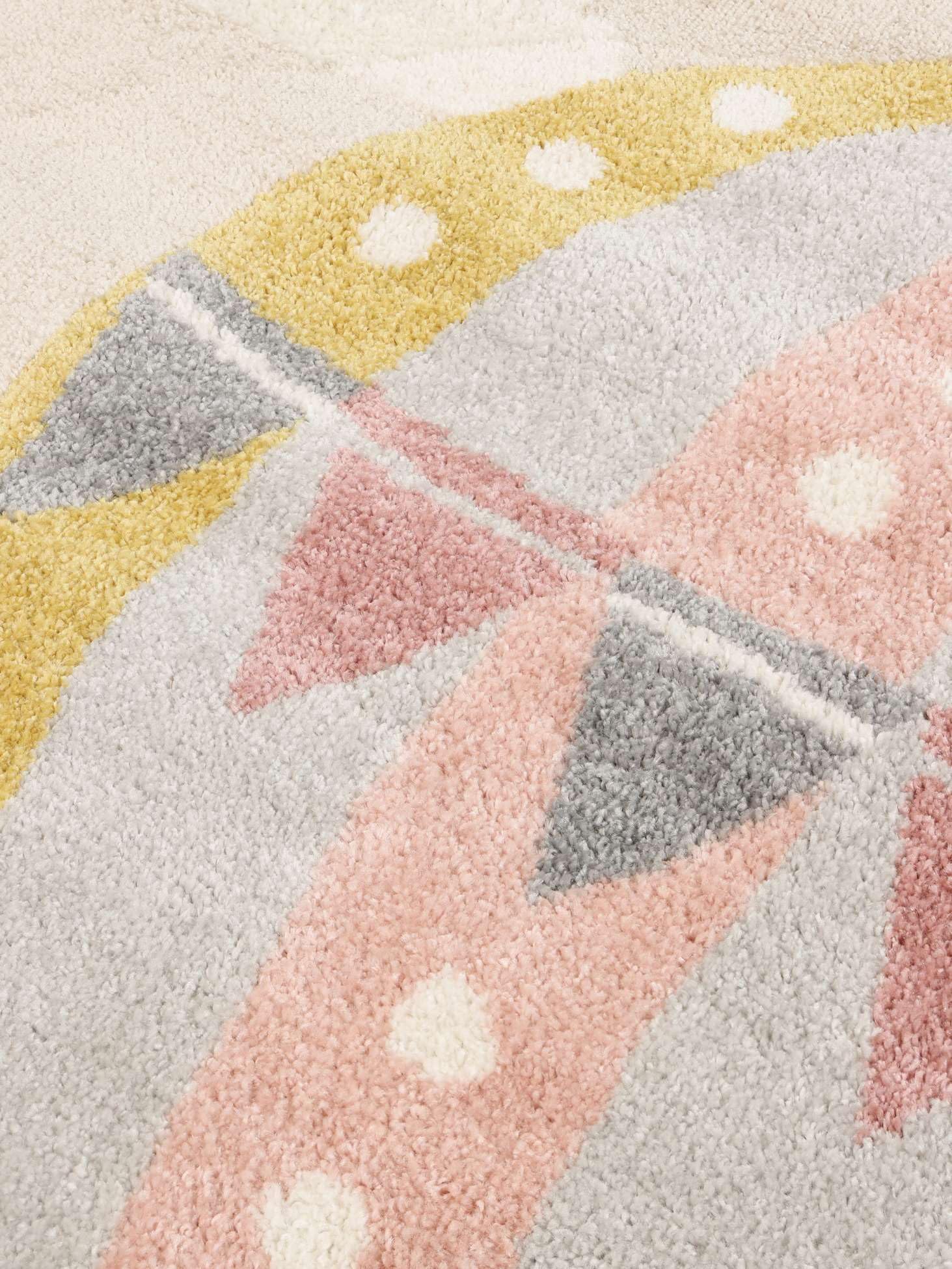 RugVista Balloon Ride, Alfombra Infantil, Modernas Niños, Ø 150 cm, Redondo, Pelo Medio, Cuarto del bebé, Limpieza en seco, Sin Productos químicos peligrosos, Beige/Rosa