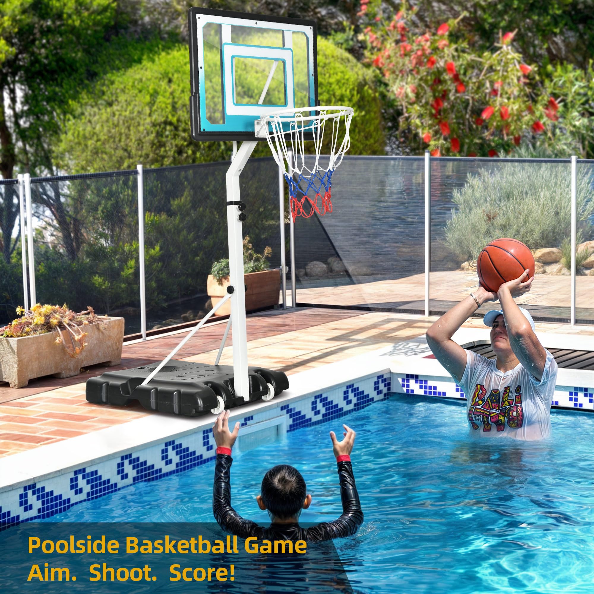 DWVO Pool Basketball Hoop, 4.1-5.7ft Easy Adjustable Basketball Goal, Portable Poolside Basketball Hoop & Goal System for Various Ages Indoor Outdoor