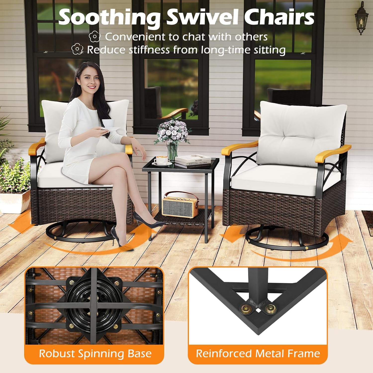 Tangkula 3 Piece Outdoor Swivel Chair Set, Patio Wicker Rotating Cushioned Chairs with 2-Tier Tempered Glass Side Table, for Porch, Yard, Balcony, Garden