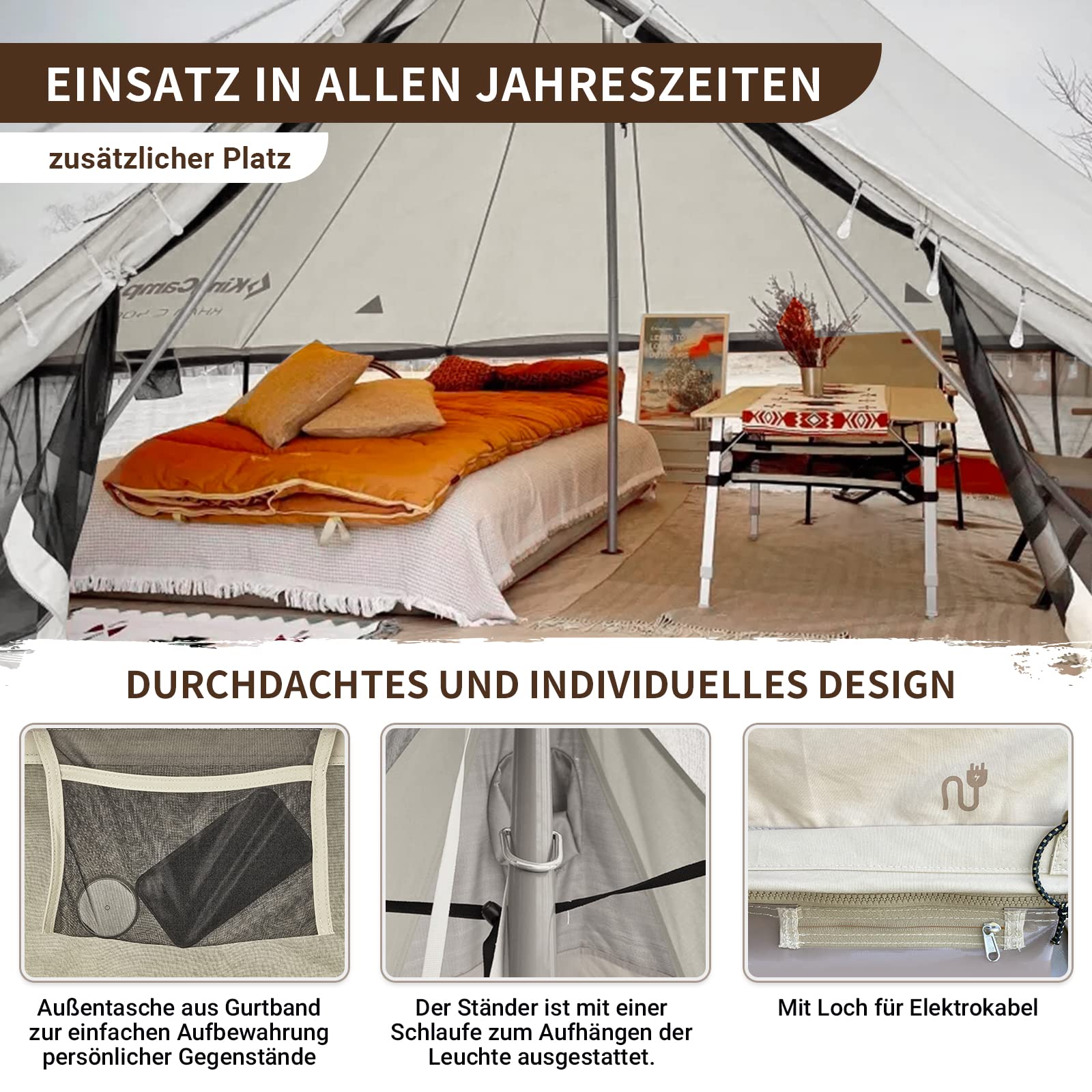 KingCamp Khan 4-5M Canvas Glockenzelt, 4-10 Personen 4-Jahreszeiten Glamping Jurte mit Ofenöffnung, 210g TC /280g C Atmungsaktives Wasserdichtes Campingzelt für Familien-Outdoor-Winterreisen, Khaki