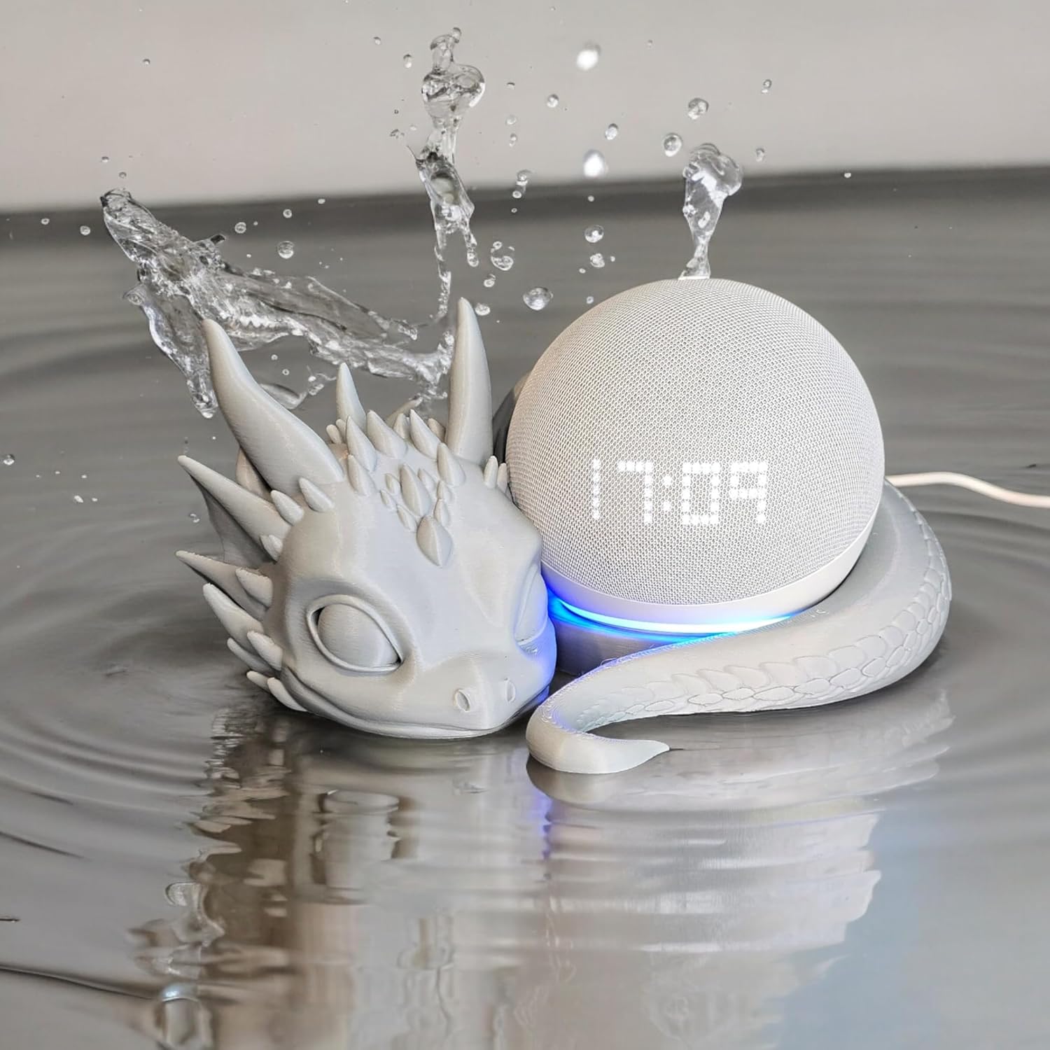 Drakenhouder voor Amazon Echo Dot 4e / 5e generatie, 3D-bedrukte liggende babydraakhouder voor Echo Dot accessoires, Smart speaker basis, draak bureaudecoratie, zilver