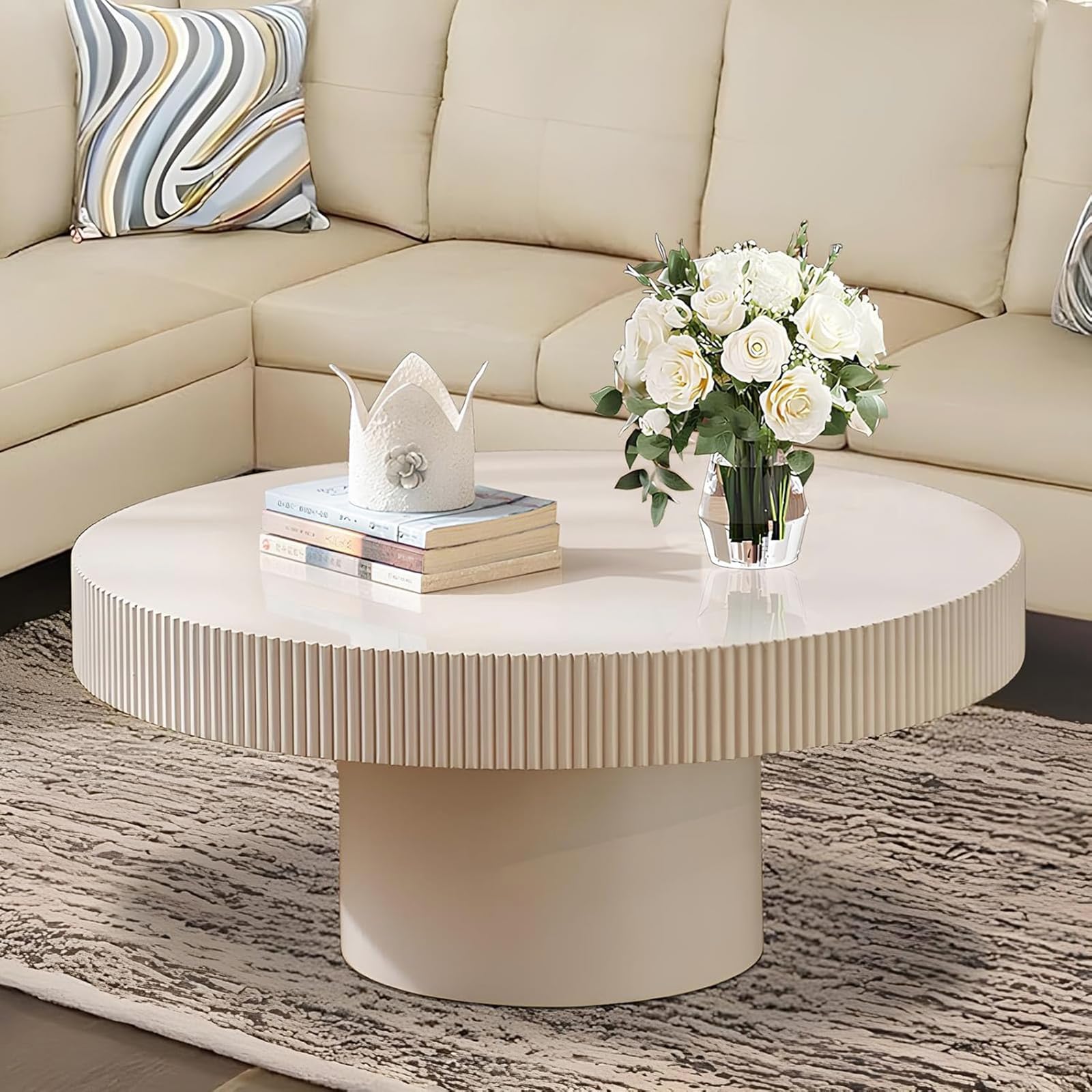 Modern Fluted Drum Coffee Table with Handcraft Embossed Edge Design & Stable & Sturdy Pedestal, Round White Center Table for Living Room (White Thin)