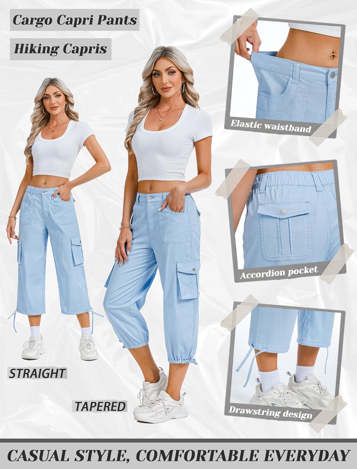 Eddoyee Women's Cargo Capris Pants Elastic Waist Hiking Pants 2026 Summer Casual Pants with 6 Pockets