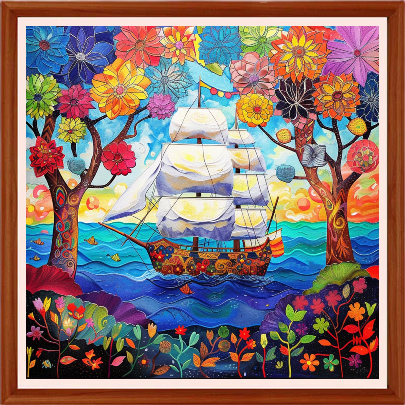 Hopeart Stamped Cross Stitch Kits for Beginner Embroidery Kits for Beginners Adults DIY 11CT Cross Stitch Patterns Needlepoint Kits Crossstitching Kits-Rainbow Flower Sailor 18x18 inchs