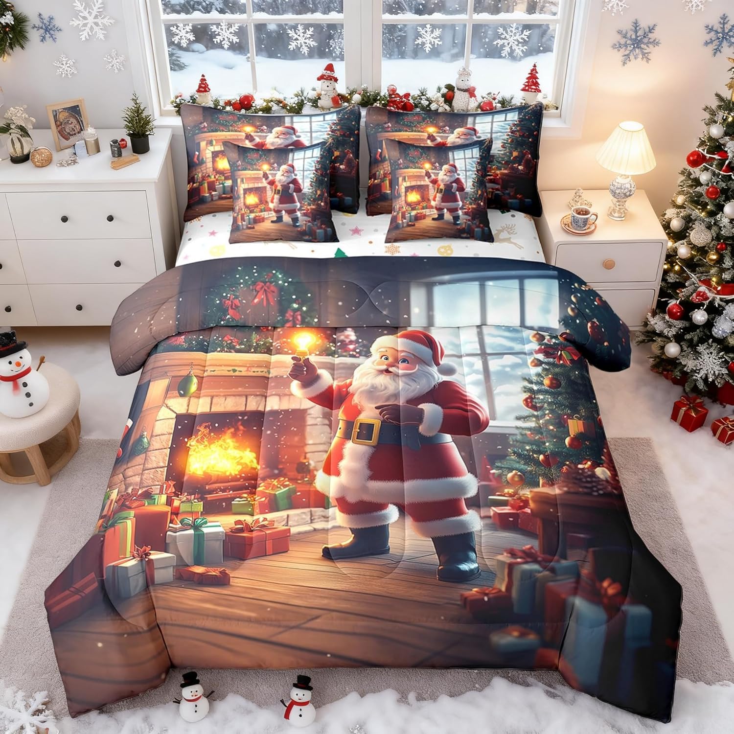 3D Santa Claus Bedding Set 7 Pcs Jungle Winter Farmhouse Decor Rustic Style Comforter Set for Kids Teens Adults All Season (Comforter Flat Sheet Fitted Sheet 2 Pillowcases 2 Throw Pillow Covers) Queen