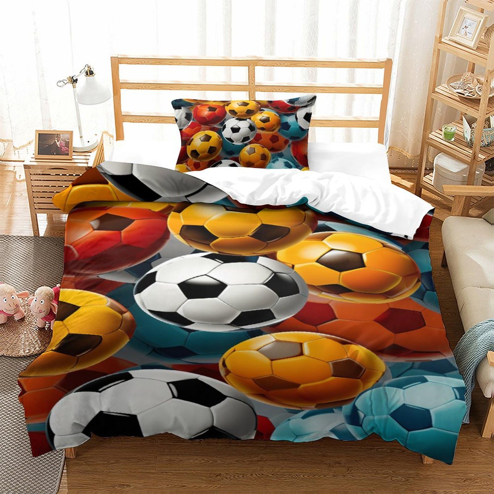 Housse de couette football 3D parure de lit simple 135x200cm en microfibre