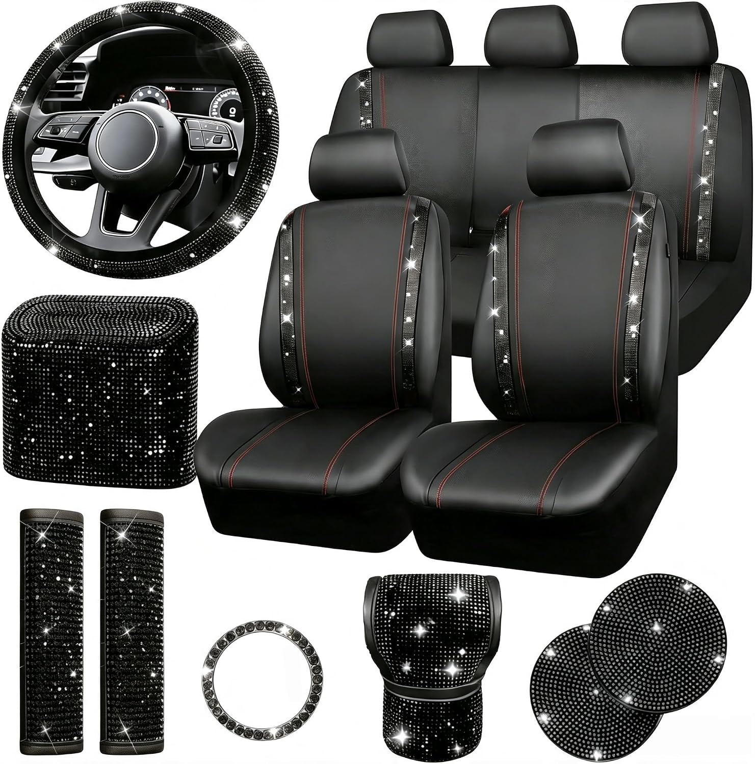 Bling Car Seat Covers Full Set 17pcs Black Rhinestone PU Leather