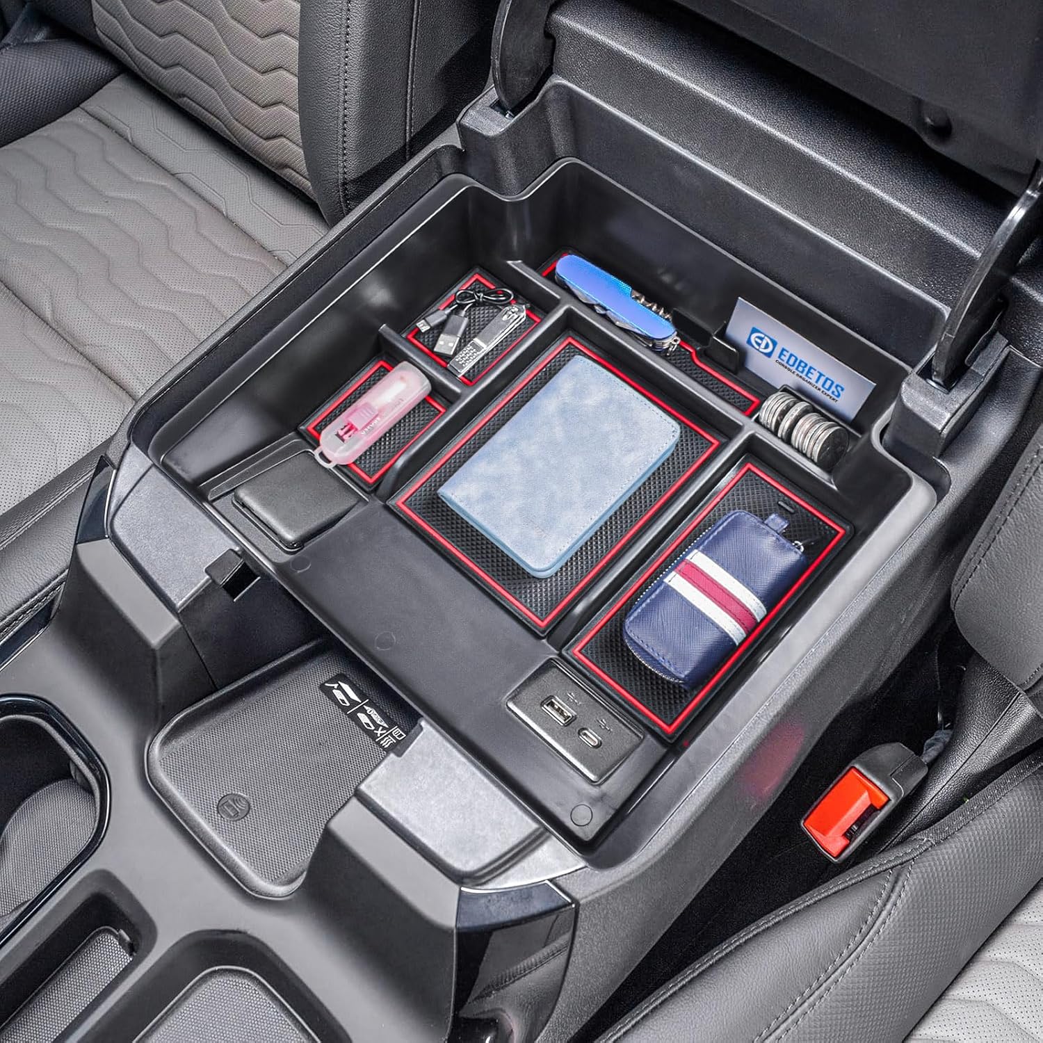 EDBETOS 22+ Refreshed Full Console Tray Compatible with 2023 2024 GMC Sierra 1500/Chevy Silverado 1500 and 2024 2500HD 3500HD Organizer Storage (Full Console w/Bucket Seats ONLY),Red